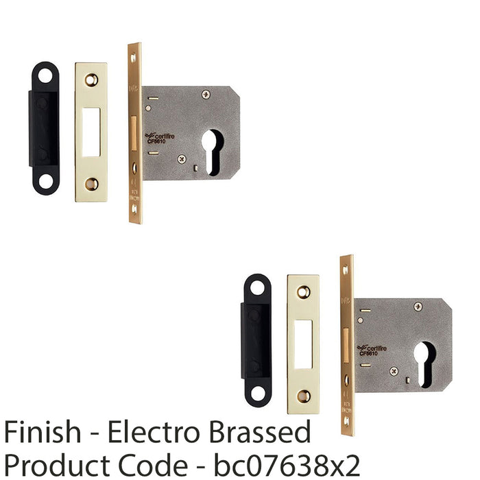2 PACK 64mm Residential EURO Deadlock Electro Brassed Fire Door Rated Lock 1