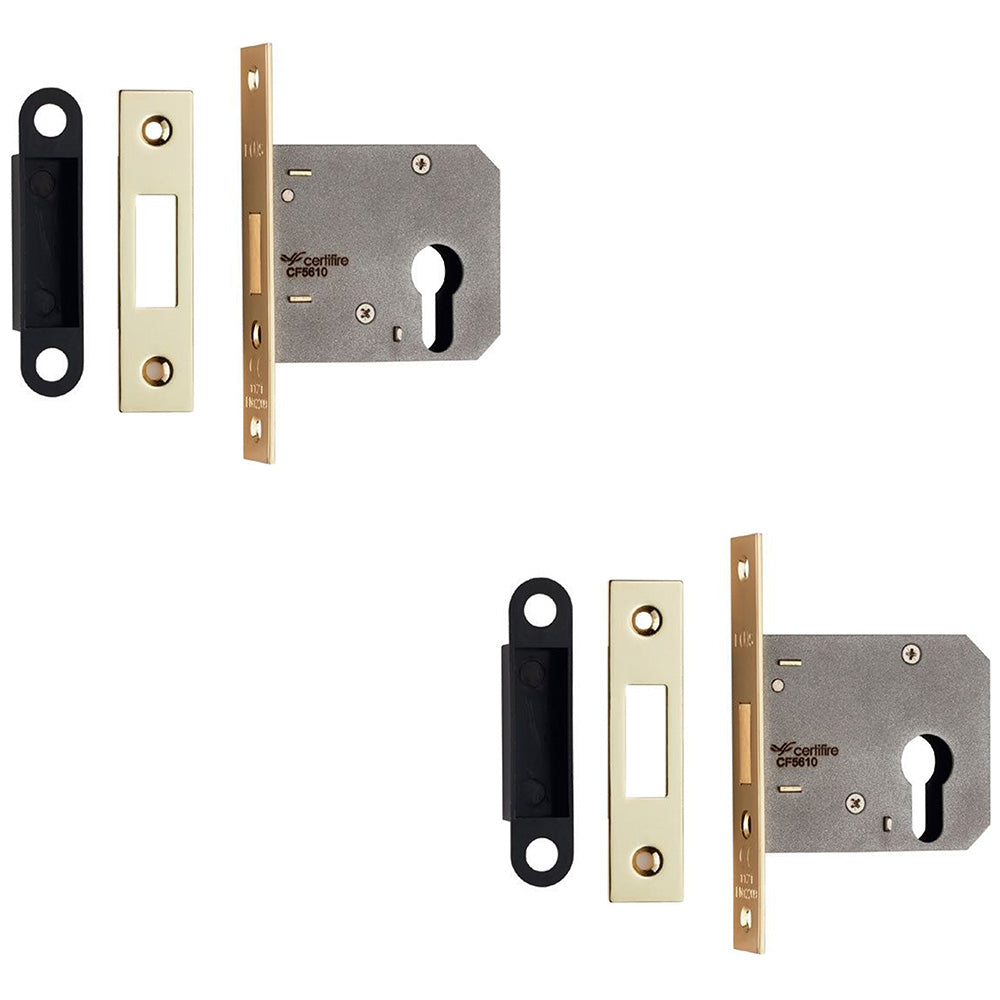 2 PACK 64mm Residential EURO Deadlock Electro Brassed Fire Door Rated Lock