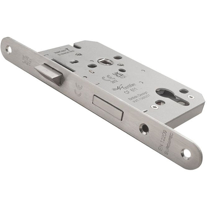 55mm EURO Profile Sashlock Latch - Satin Steel Radius - Reversible Bathroom Lock