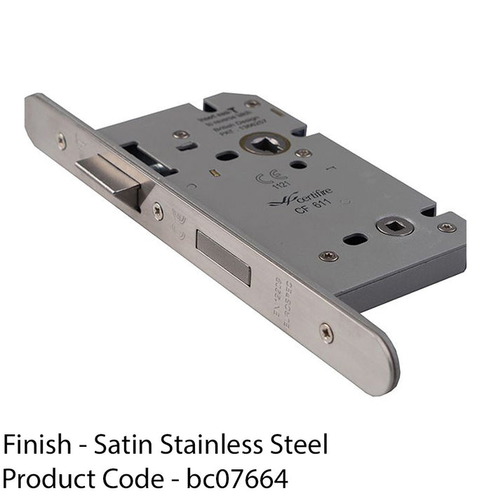 60mm Bathroom DIN Lock - Satin Steel Radius - Reversible Latch Privacy WC 1