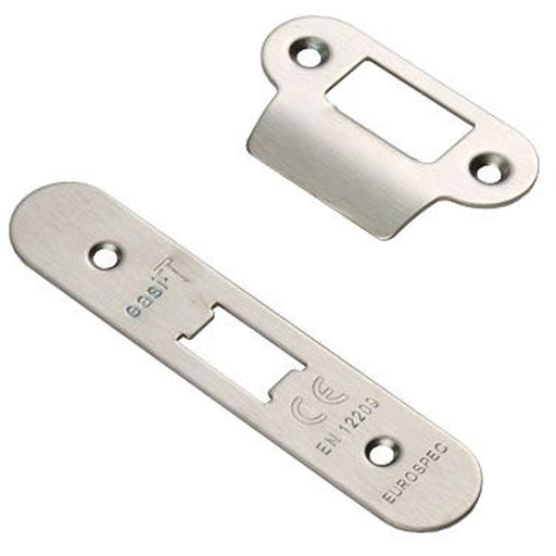 Door Frame Forend Strike and Fixing Pack - for Flat Latches - Satin Steel RADIUS