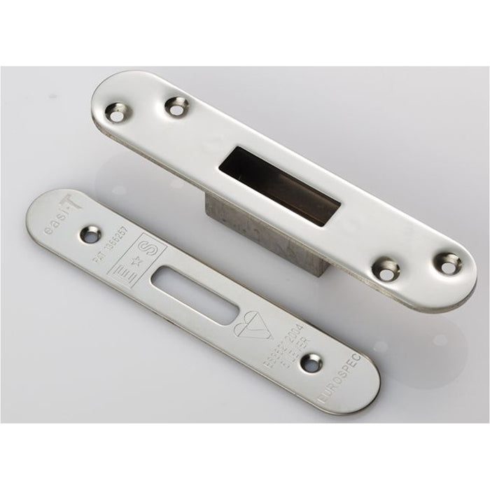 Door Forend Strike and Fixing Pack - for BS 5 Lever Deadlock Bright Steel Radius