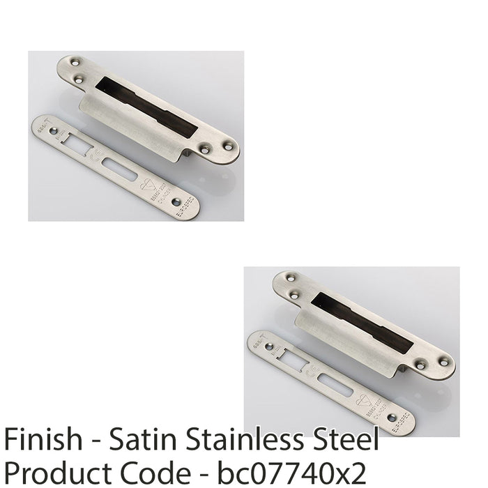 2 PACK BS8621 Cylinder Sashlock Forend Strike & Fixing Pack Satin Steel RADIUS 1