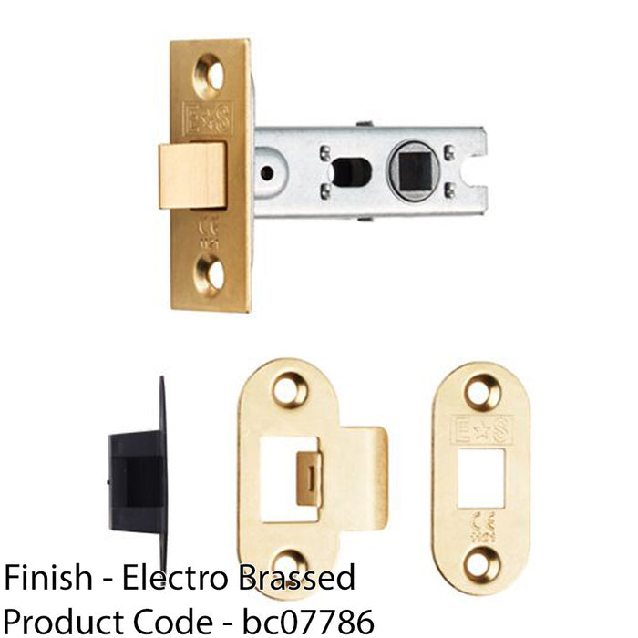 64mm Bolt Through Tubular Door Latch Rounded Strike Plate Forend Polished Brass 1