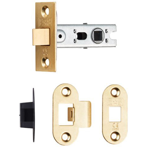 64mm Bolt Through Tubular Door Latch Rounded Strike Plate Forend Polished Brass