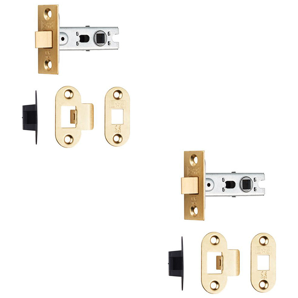 2 PACK 64mm Bolt Through Tubular Door Latch Rounded Strike Plate Polished Brass