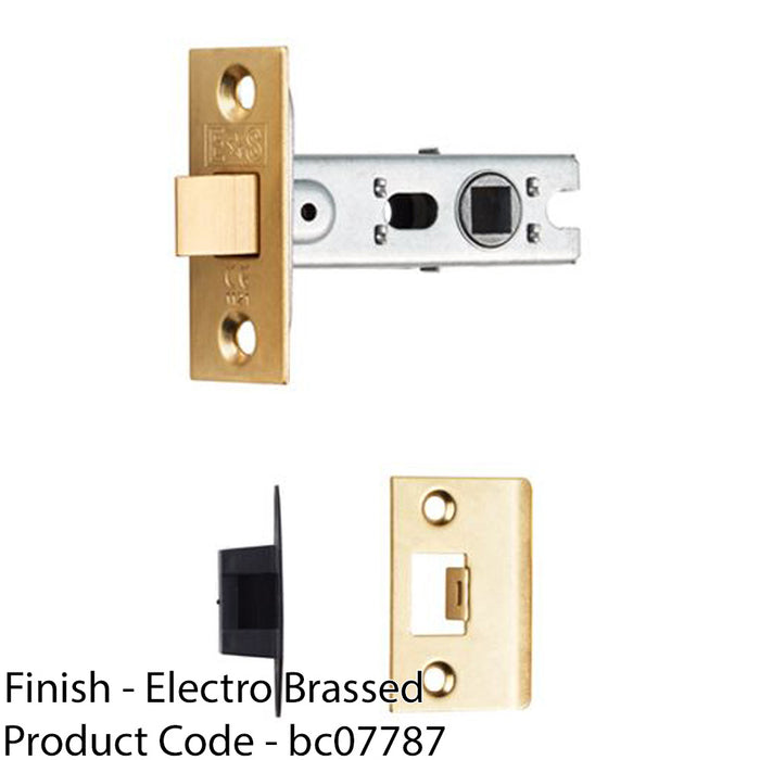 64mm Bolt Through Tubular Door Latch Square Strike Plate Forend Polished Brass 1