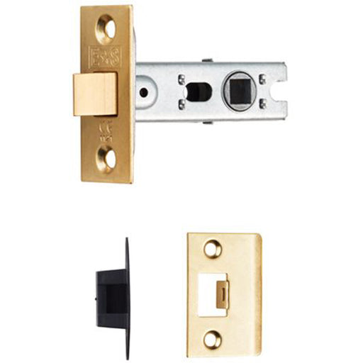 64mm Bolt Through Tubular Door Latch Square Strike Plate Forend Polished Brass