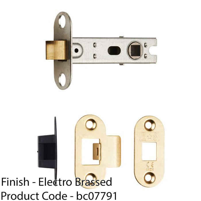 76mm Bolt Through Tubular Door Latch Rounded Strike Plate Forend Polished Brass 1