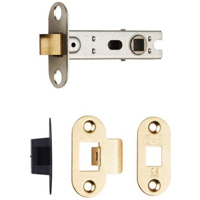 76mm Bolt Through Tubular Door Latch Rounded Strike Plate Forend Polished Brass