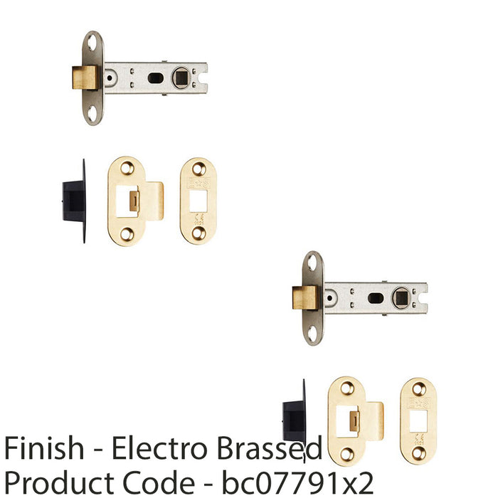 2 PACK 76mm Bolt Through Tubular Door Latch Rounded Strike Plate Polished Brass 1