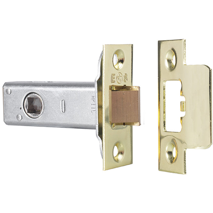 64mm Heavy Sprung Tubular Door Latch Square Strike Plate Forend Polished Brass