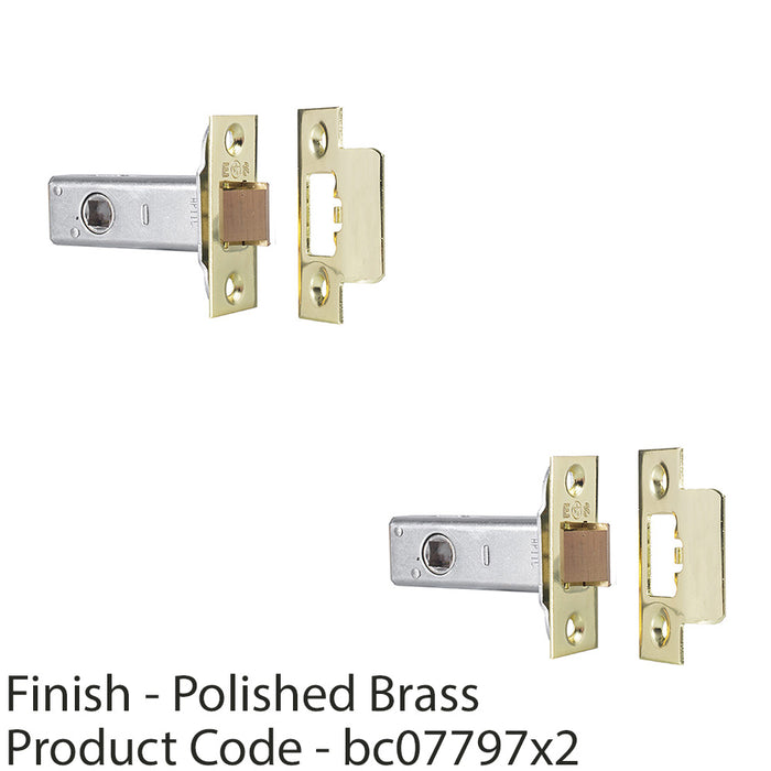 2 PACK 64mm Heavy Sprung Tubular Door Latch Square Plate Forend Polished Brass 1