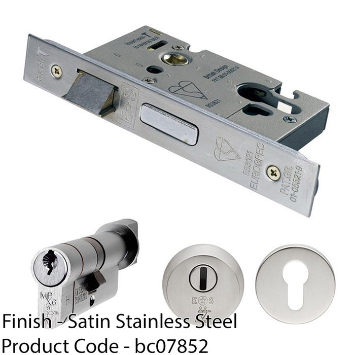 Front Door Sashlock & EURO Thumbturn Cylinder Lock Kit - 76mm Satin Steel 1