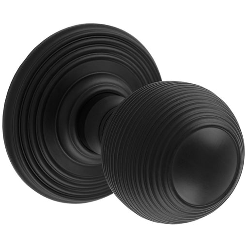 PAIR Round Reeded Mortice Door Knob 50mm Diameter Matt Black Lined Handle