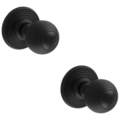 2 PACK PAIR Round Reeded Mortice Door Knob 50mm Diameter Matt Black Lined Handle