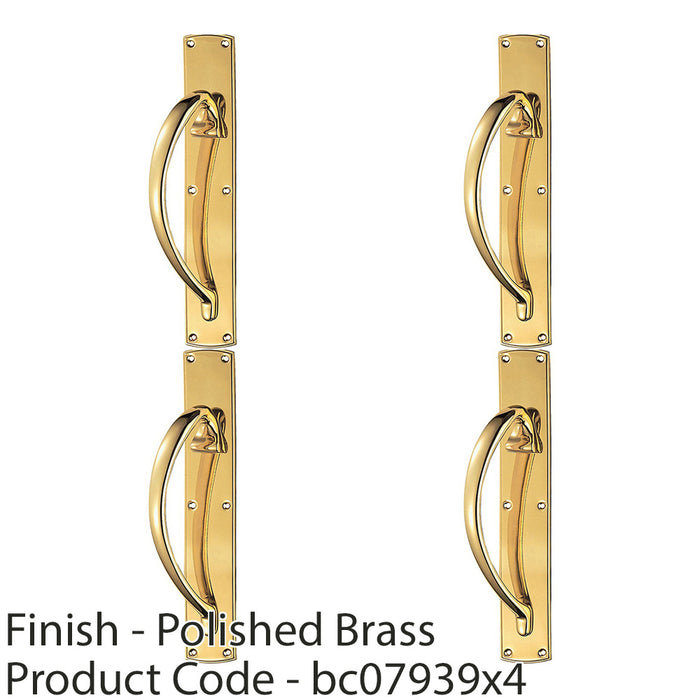 4 PACK Left Handed Curved Door Pull Handle 457mm x 75mm Backplate Polished Brass 1