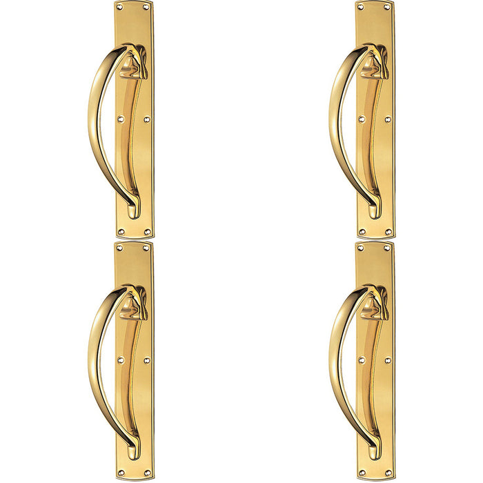 4 PACK Left Handed Curved Door Pull Handle 457mm x 75mm Backplate Polished Brass