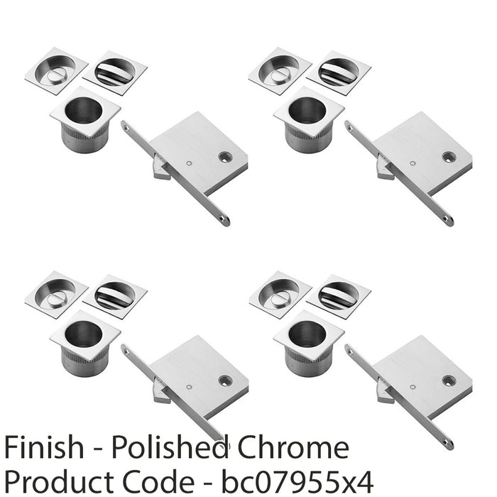 4 PACK Full Locking Sliding Pocket Door Pack Polished Chrome Square Thumbturn WC 1