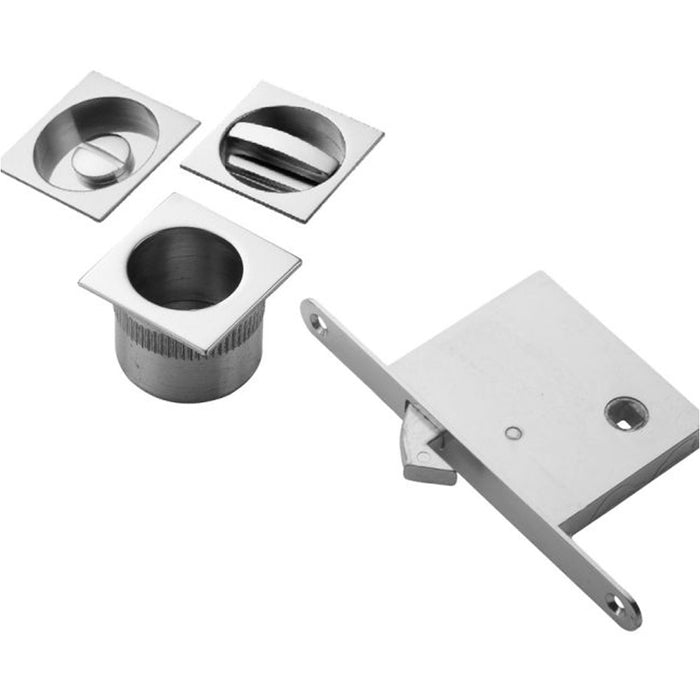 Complete Locking Sliding Pocket Door Pack - Satin Chrome - Square Thumbturn WC