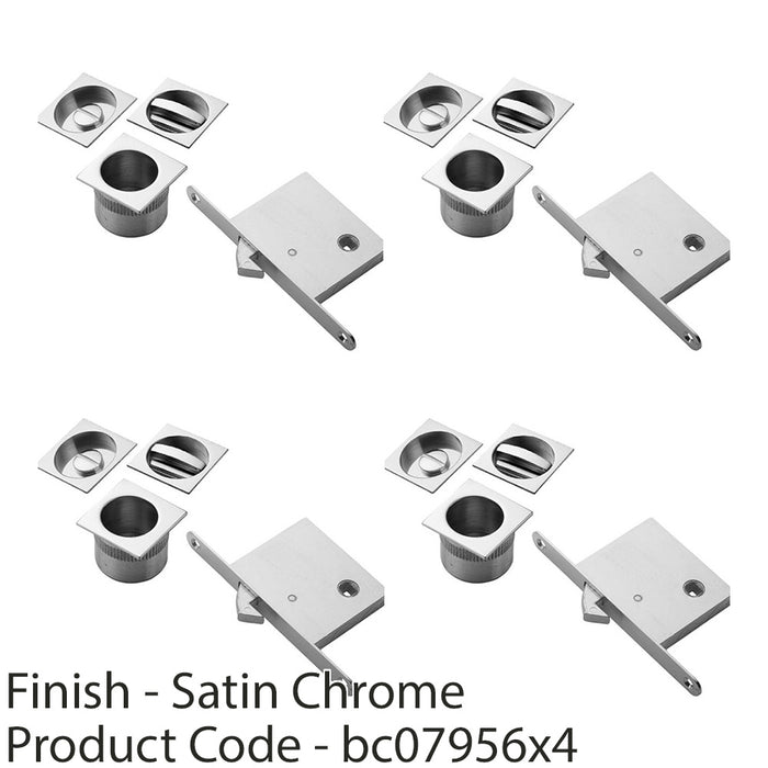 4x Complete Locking Sliding Pocket Door Pack Satin Chrome Square Thumbturn WC 1