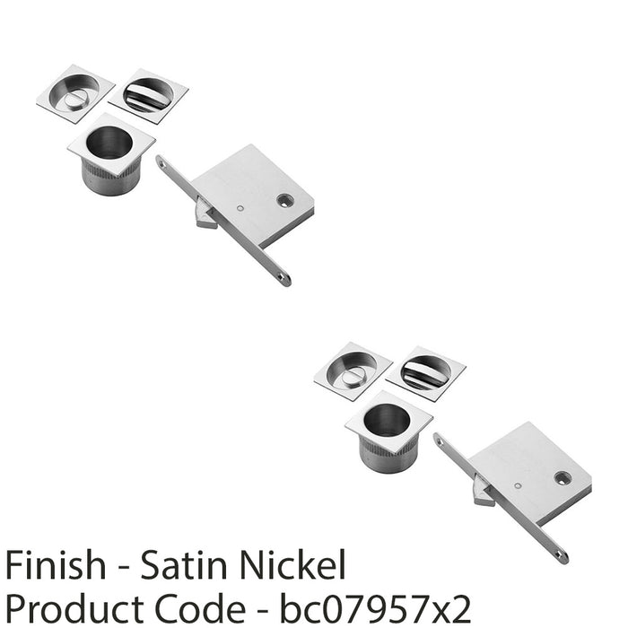 2x Complete Locking Sliding Pocket Door Pack Satin Nickel Square Thumbturn WC 1