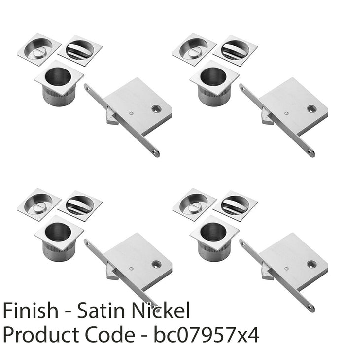 4x Complete Locking Sliding Pocket Door Pack Satin Nickel Square Thumbturn WC 1
