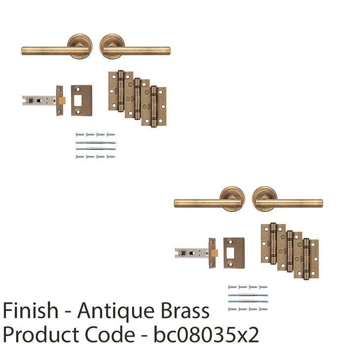 2 PACK Premium Door Handle & Latch Pack Antique Brass Straight Lever Round Rose 1