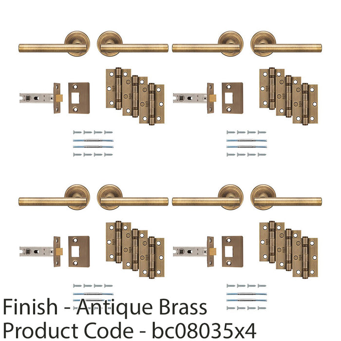 4 PACK Premium Door Handle & Latch Pack Antique Brass Straight Lever Round Rose 1