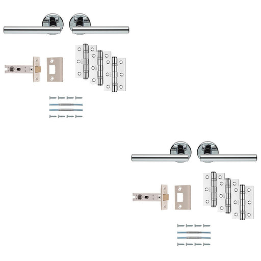 2 PACK Premium Door Handle & Latch Pack Polished Chrome Straight Bar Round Rose