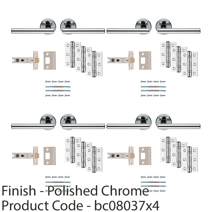 4 PACK Premium Door Handle & Latch Pack Polished Chrome Straight Bar Round Rose 1