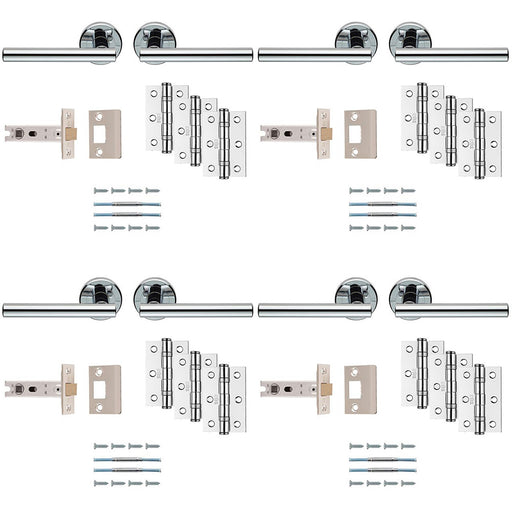 4 PACK Premium Door Handle & Latch Pack Polished Chrome Straight Bar Round Rose