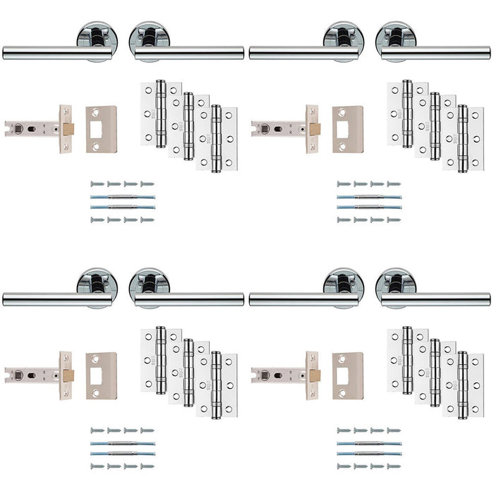 4 PACK Premium Door Handle & Latch Pack Polished Chrome Straight Bar Round Rose