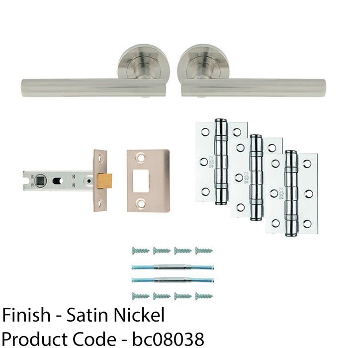 Premium Door Handle & Latch Pack - Satin Nickel Straight Bar Lever Round Rose 1