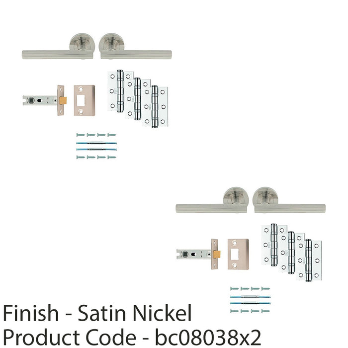 2 PACK Premium Door Handle & Latch Pack Satin Nickel Straight Lever Round Rose 1