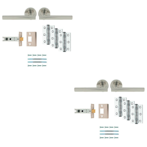 2 PACK Premium Door Handle & Latch Pack Satin Nickel Straight Lever Round Rose