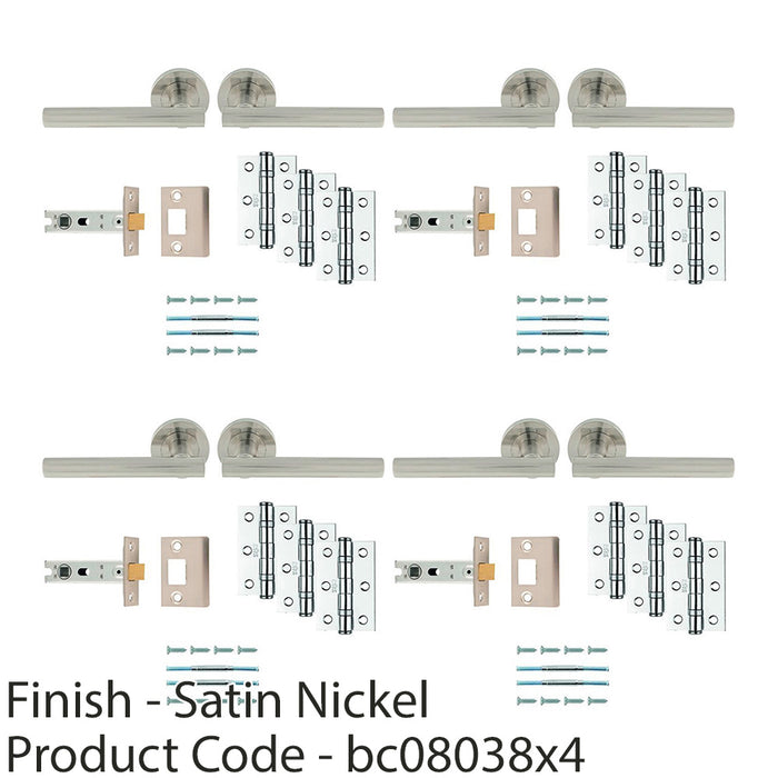 4x Premium Door Handle & Latch Pack Satin Nickel Straight Bar Lever Round Rose 1