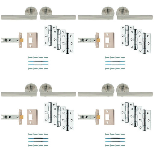 4x Premium Door Handle & Latch Pack Satin Nickel Straight Bar Lever Round Rose