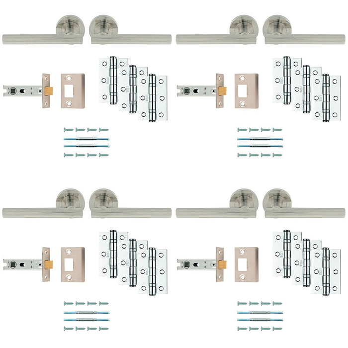 4x Premium Door Handle & Latch Pack Satin Nickel Straight Bar Lever Round Rose