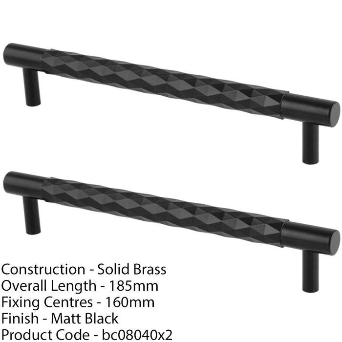 2 PACK Diamond T Bar Pull Handle Matt Black 160mm Centres SOLID BRASS Drawer 1
