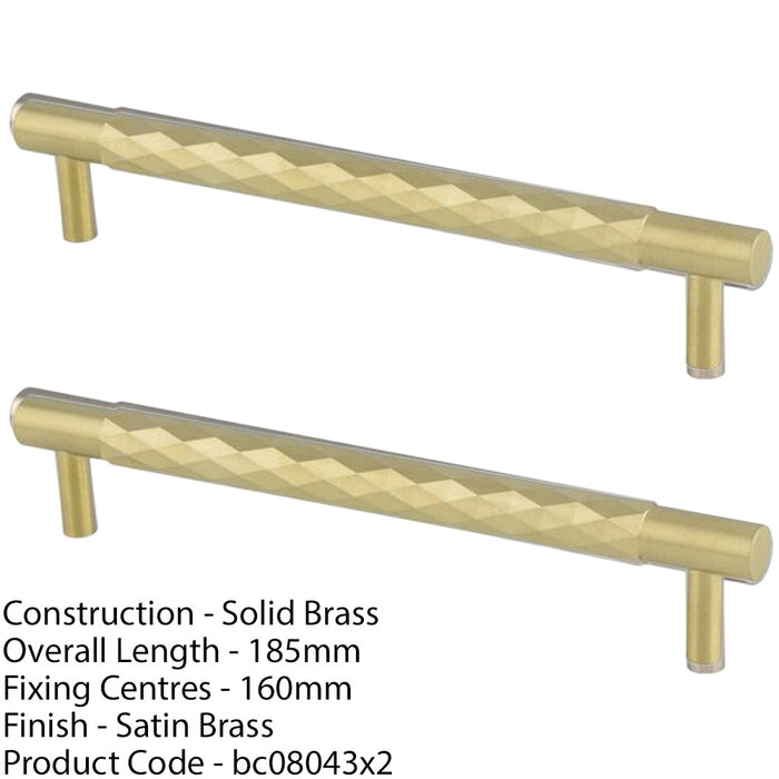 2 PACK Diamond T Bar Pull Handle Satin Brass 160mm Centres SOLID BRASS Drawer 1