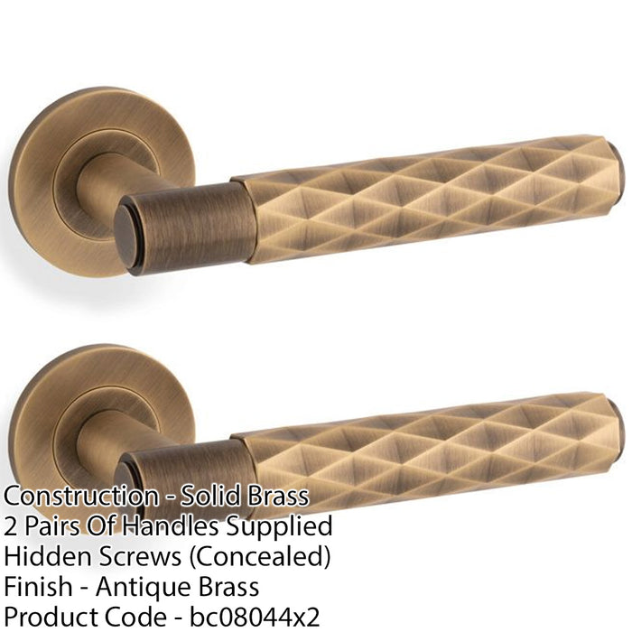 2x PAIR Diamond Lever On Round Rose Door Handle Antique Brass Concealed Screw 1