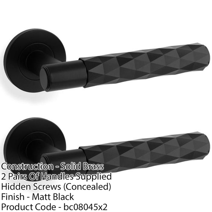 2 PACK PAIR Diamond Lever On Round Rose Door Handle Matt Black Concealed Screw 1