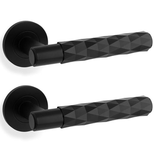 2 PACK PAIR Diamond Lever On Round Rose Door Handle Matt Black Concealed Screw