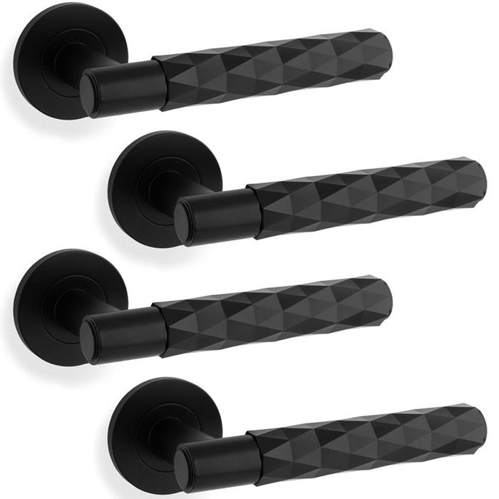 4 PACK PAIR Diamond Lever On Round Rose Door Handle Matt Black Concealed Screw