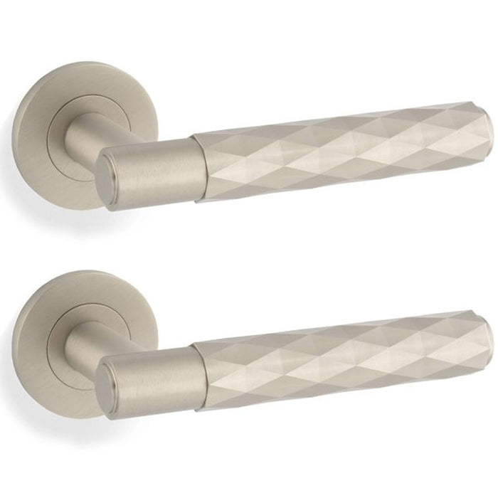 2 PACK PAIR Diamond Lever On Round Rose Door Handle Satin Nickel Concealed Screw