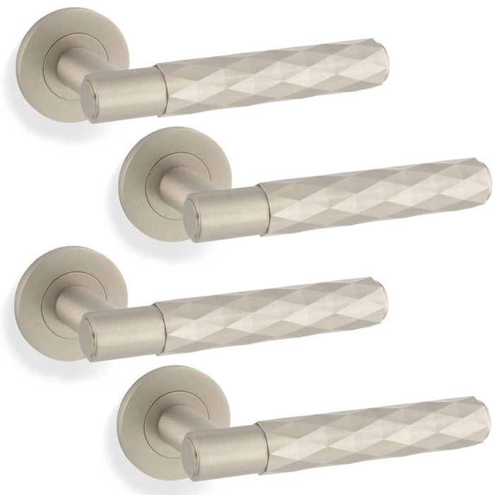 4 PACK PAIR Diamond Lever On Round Rose Door Handle Satin Nickel Concealed Screw