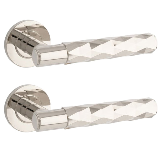 2x PAIR Diamond Lever On Round Rose Door Handle Polished Nickel Concealed Screw