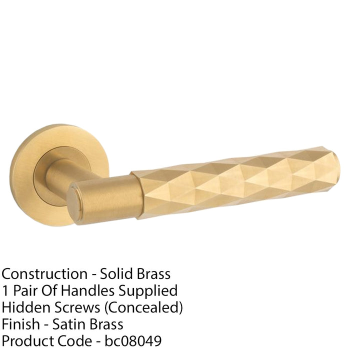 PAIR Diamond Lever On Round Rose Door Handle - Satin Brass Concealed Screw 1