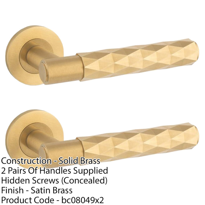 2 PACK PAIR Diamond Lever On Round Rose Door Handle Satin Brass Concealed Screw 1